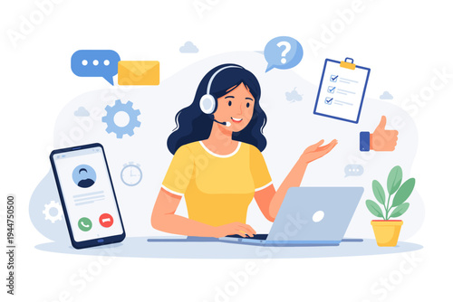 Customer Support Concept with Woman Wearing Headset Working on Laptop, Online Assistance, Call Center Service, Help Desk, Communication Icons, Flat Vector Illustration for Landing Page.