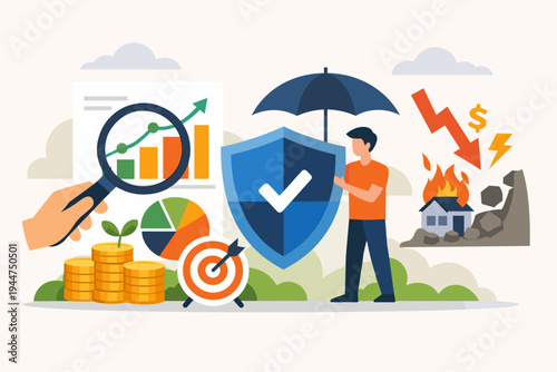 Financial Investment Analysis and Risk Mitigation Concept with Advisor Protecting Assets from Market Volatility, Economic Loss, and Natural Disasters using Shield, Umbrella, and Data Charts.