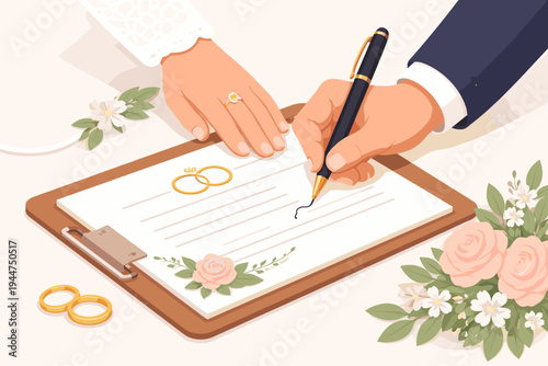 Simple Flat Vector Illustration of a Groom Signing a Marriage Certificate on a Clipboard with the Bride's Hand Resting Nearby, Featuring Gold Wedding Rings, Pink Roses, and Floral Decorations.