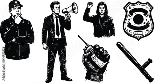 Ink sketch protest and police showing thoughtful officer suited speaker with megaphone protester raising fist holding radio baton police badge