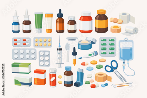 Comprehensive Collection of Medical Supplies and Medicines Vector Illustration Featuring Pills, Blister Packs, Syrup Bottles, Syringes, Bandages, Inhalers, and First Aid Essentials in Flat Style.