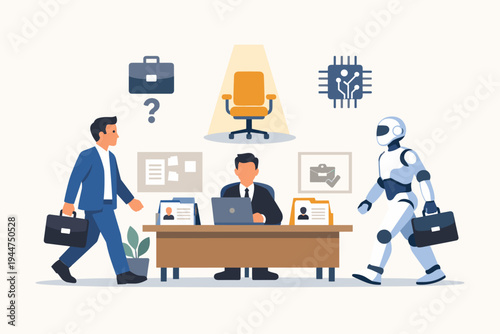 Human businessman and robot competing for a job vacancy at an office desk with a recruiter, future of work and automation concept, artificial intelligence versus human labor flat vector.