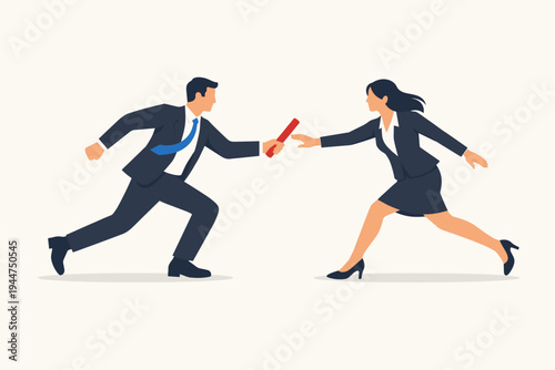 Businessman in formal suit passing red relay baton to businesswoman colleague, representing teamwork, project handoff, succession planning, leadership transition, and corporate cooperation.