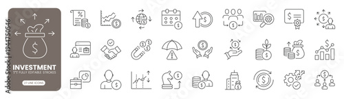 Investment and finance web line icon set featuring portfolio profit assets banking strategy financial growth risk management and money exchange. Editable stroke