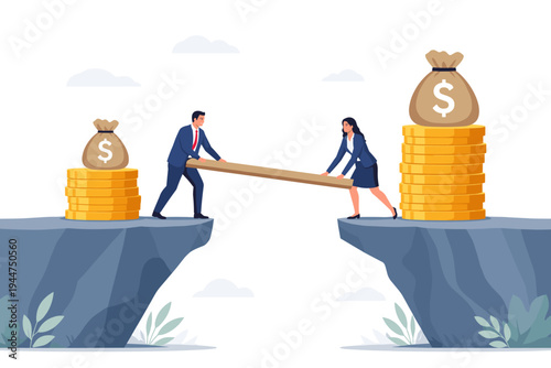 Business man and woman bridging the income gap between two cliffs with a wooden plank, representing gender pay equality, financial growth, partnership, and overcoming economic disparity.