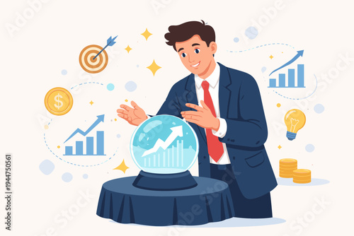 Businessman Predicting Market Growth and Financial Success Using a Crystal Ball, Flat Vector Illustration of Professional Analyst Forecasting Economic Trends, Investment Strategy and Future Goals