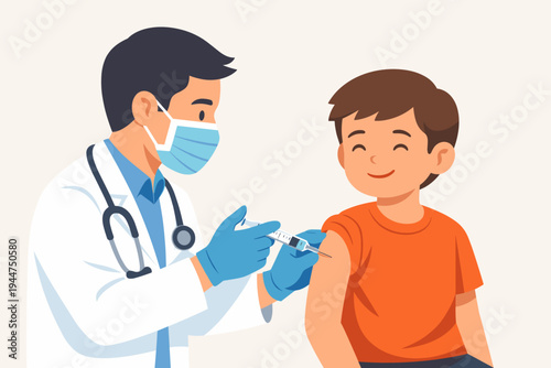 Male Doctor in Face Mask and Gloves Injecting Vaccine into a Brave Little Boy's Shoulder, Pediatric Healthcare, Immunization, and Medical Vaccination Concept Flat Vector Illustration Design