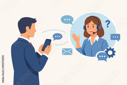 Businessman Using Smartphone for Customer Support with Female Call Center Agent Wearing Headset, Online Help Desk, Technical Assistance, Communication, and Digital Service Concept Vector Art.