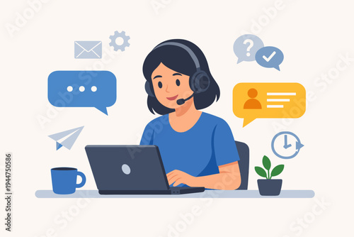Female Customer Support Agent with Headset Working on Laptop for Online Help Desk Service. Flat Vector Illustration of Call Center Representative Providing Technical Assistance and Chat Support.