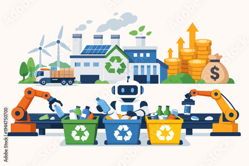 Profitable automated recycling factory with robot sorting waste on conveyor belt into bins for circular economy, featuring solar panels, wind turbines, and money for green business growth.