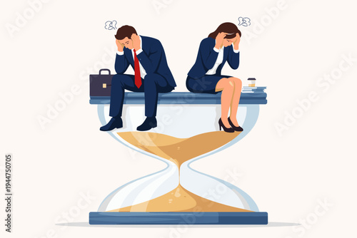 Stressed Business Man and Woman Sitting on Top of a Giant Hourglass, Feeling Overwhelmed by Deadlines and Time Pressure. Flat Vector Illustration of Office Workers Facing Burnout and Fatigue.