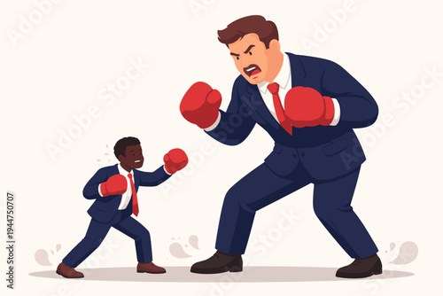 Small African American Businessman in Suit and Boxing Gloves Facing a Giant Aggressive Boss in a Corporate Power Struggle, David vs Goliath Concept, Flat Vector Illustration of Business Conflict