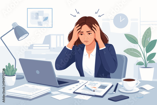 Stressed businesswoman sitting at office desk with hands on head feeling overwhelmed by work pressure and deadlines. Flat vector illustration of a tired female employee in a suit with laptop.