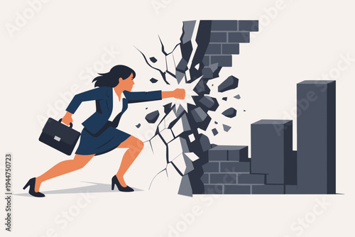 Strong motivated businesswoman in a professional suit punching and breaking through a brick wall of inequality and obstacles to achieve success, career growth, and female empowerment in business