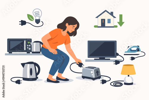 Vector Illustration of a Woman Unplugging Household Appliances Like Toaster, Kettle, and TV to Reduce Energy Consumption, Save Electricity Costs, and Promote Eco-Friendly Sustainable Living at Home