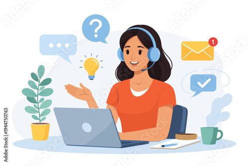 Friendly female customer service representative with headset working on laptop, providing online support, answering questions with icons of lightbulb, chat, and email, flat vector illustration.