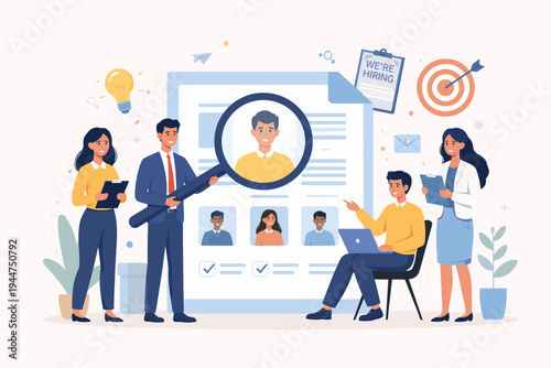 Recruitment and Hiring Process Concept with HR Team Reviewing Candidate Resumes and CVs for Job Openings. Talent Acquisition, Employment, and Human Resources Management. Flat Vector Illustration.