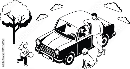 Line art isometric family car scene father leaning on vintage car mother driving child playing with ball dog park tree
