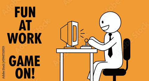 Smiling businessman stick figure playing retro video games at his office desk for fun at work day on orange background