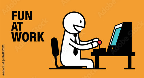Grinning stickman employee playing retro desktop game at workspace with fun at work text and orange backdrop