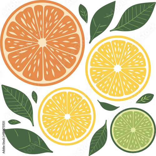 Citrus Burst: A vibrant arrangement of citrus fruits and verdant leaves, offering a fresh, colorful composition perfect for a refreshing theme.