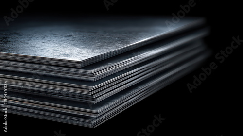 Stack of metal sheet with textured surface in dark environment, industrial material with sharp edges and layered structure, close up view with cinematic lighting