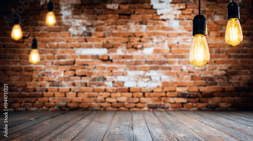 Empty room showcasing an industrial design aesthetic with a rustic brick wall, aged wood floor, and glowing vintage light bulbs