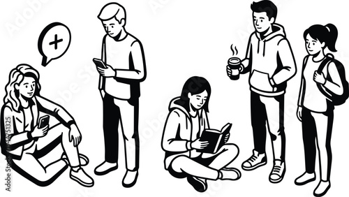 Line art vector close up of five students interacting with phone reading book holding coffee wearing backpacks casual campus scene