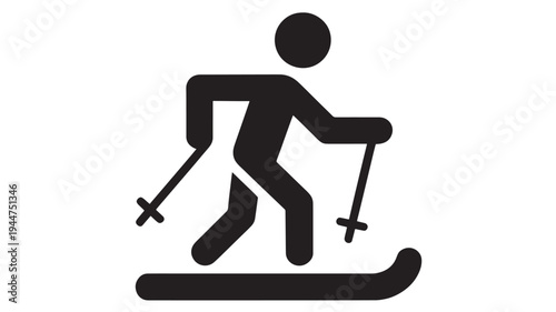 Skier Silhouette Icon Gliding Down Snowy Slope for Winter Sports, Skiing Adventure Symbol Isolated on White