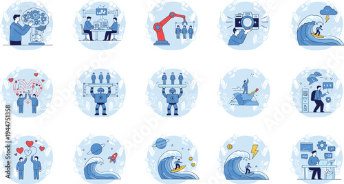 Flat vector illustration set of human life cycle stages featuring male and female characters from baby and child to adult and senior isolated on white background for aging and development concepts.
