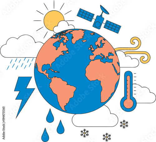 World Meteorological Day Global Weather Monitoring Vector.
Flat vector illustration of earth globe surrounded by weather icons representing global climate monitoring and forecasting concept for World 