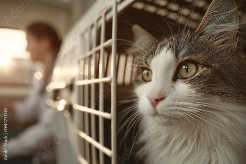 Cat in carrier, vet gently coaxing it out Generative AI