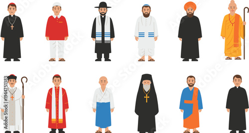 Flat vector illustration set of diverse religious leaders and spiritual figures including priest monk rabbi imam and bishop isolated on white background.
