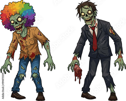 Cartoon zombie characters, rainbow afro zombie, business zombie suit, scary undead illustration, horror artwork, creepy monster design, Halloween concept, spooky cartoon