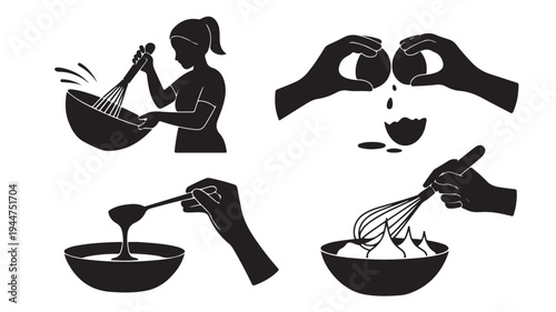 Vector Illustration Of Silhouette Hands And Woman Preparing Food For Cooking And Recipe Concepts