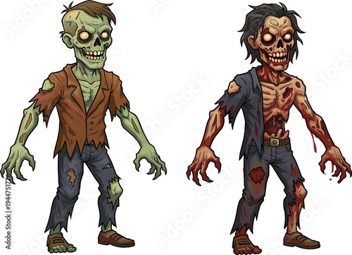 Cartoon zombie characters, scary undead monsters, horror illustration, creepy walking dead, spooky Halloween design, comic style zombies, decayed corpses artwork
