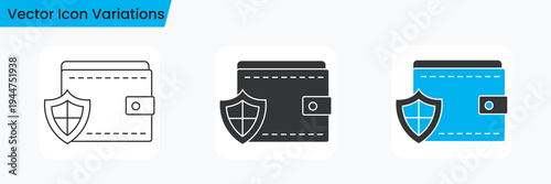 Secure Wallet with Shield Line Icon Set Finance Protection and Digital Payment Security Vector
