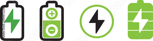 Four distinct green and black icons representing battery status, charging, and electrical power.