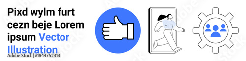 Social platforms, teamwork, online activities, user preferences, connectivity, web applications. Thumbs up, person exiting screen gear symbol with people inside. Social platforms and teamwork