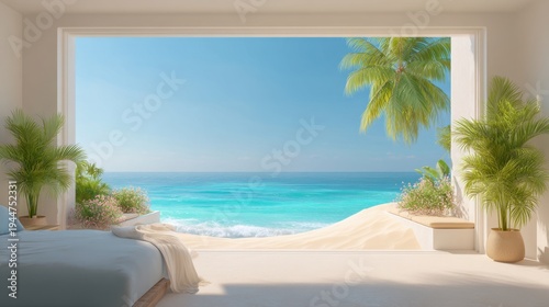 Serene Coastal View from Modern Room with Soft Textiles and Indoor Plants Overlooking Crystal Clear Ocean Waves