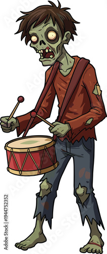 Cartoon zombie drummer, horror character, Halloween illustration, creepy undead, green skin, tattered clothes, spooky art, scary music, stock image, fantasy design