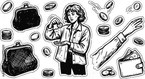 Line art sticker set close up woman counting coins holding coin over palm surrounded by purses wallets and flying coins