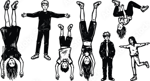 Line art vector wide composition teens performing upside down handstands jumps and relaxed standing poses in sketch casual black white