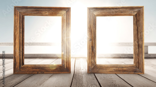 Two vintage wood frames standing side by side on a light colored wooden floor under bright light, providing blank advertisement space