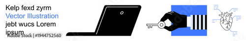 Cybersecurity, online authentication, access control, biometric verification, digital identity, data protection. A laptop, a hand with a key and a biometric heart illustration. Cybersecurity