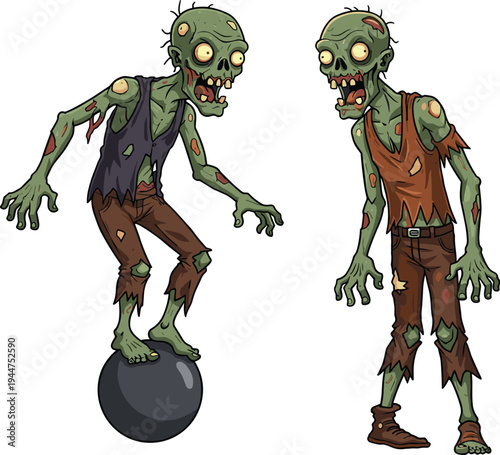 Cartoon zombie duo, green skin, exposed bones, horror humor, tattered clothes, spooky art, Halloween character, creepy monster, funny undead, animated design