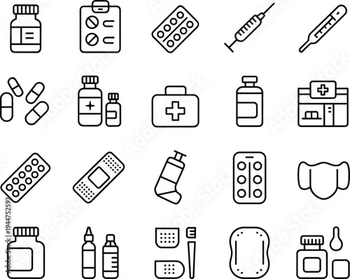 Medical and pharmaceutical icons set, pills, medicine bottle, syringe, thermometer, first aid, healthcare, pharmacy, bandage, mask, healthcare essentials