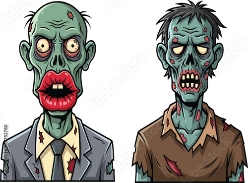 Cartoon zombie illustration, green undead characters, horror artwork, creepy monster design, Halloween theme, scary expression, spooky, tattered clothes, stock image