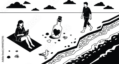 Minimalist vector beach scene close up woman reading on towel man walking barefoot near message bottle heart black and white