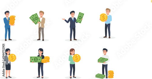 Happy business people holding stack of dollar bills and gold coins for financial success money savings investment and wealth concept flat vector,